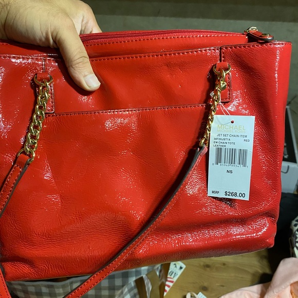 Michael Kors Red Tote with Chain-Link Straps